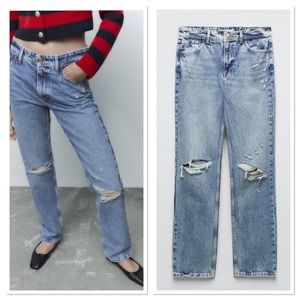Zara Ripped Mid-Rise Washed Effect Straight Jeans Sz:4